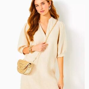 LP - Mialeigh Linen Split V-Neck Elbow Puff Sleeve Shift Dress - worn twice